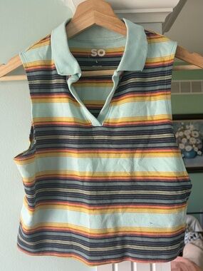 SO Sleeveless Striped Polo Tank in Light Aqua with Yellow & Navy
